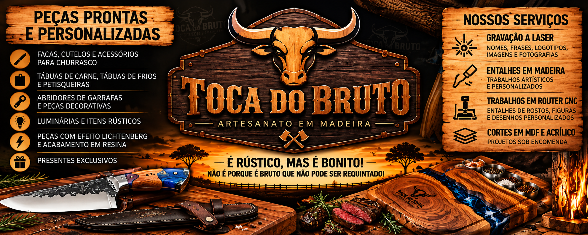 Toca do Bruto: artesanato em madeira, tábuas, facas, petisqueiras, gravação a laser e router CNC
